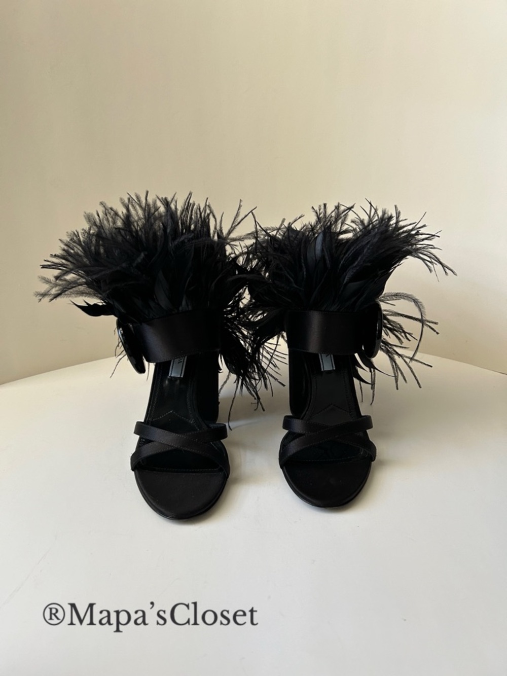 Prada Black Feather-Trim Strappy Block Heel Sandals - Picture 2 of 2